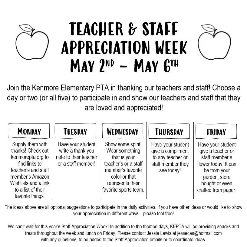 Teacher & Staff Appreciation Week – Kenmore Elementary PTA